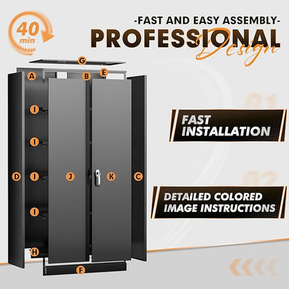 INTERGREAT Metal Storage Cabinet with Shelves, 72" Locking Steel Cabinets with 2 Door and 4 Adjustable Shelves, Tall Metal Cabinet for Home Office, Garage, Warehouse,Black