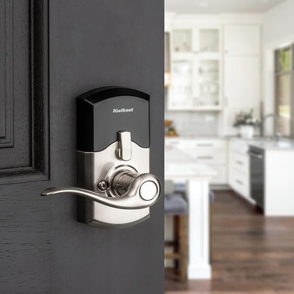 Kwikset SmartCode 917 Keypad Keyless Entry Traditional Residential Electronic Lever Deadbolt Alternative with Tustin Door Handle and SmartKey Security, Satin Nickel