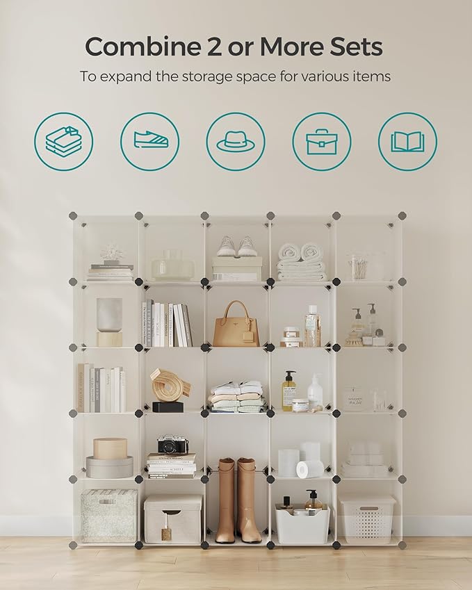SONGMICS Cube Storage Organizer, Set of 16 Plastic Cubes, Book Shelf, Closet Organizers and Storage, Room Organization, Bedroom Living Room, 12.2 x 48.4 x 48.4 Inches, Cream White ULPC442M01