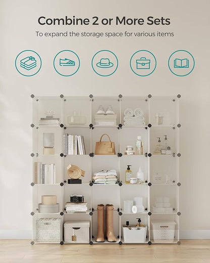 SONGMICS Cube Storage Organizer, Set of 16 Plastic Cubes, Book Shelf, Closet Organizers and Storage, Room Organization, Bedroom Living Room, 12.2 x 48.4 x 48.4 Inches, Cream White ULPC442M01