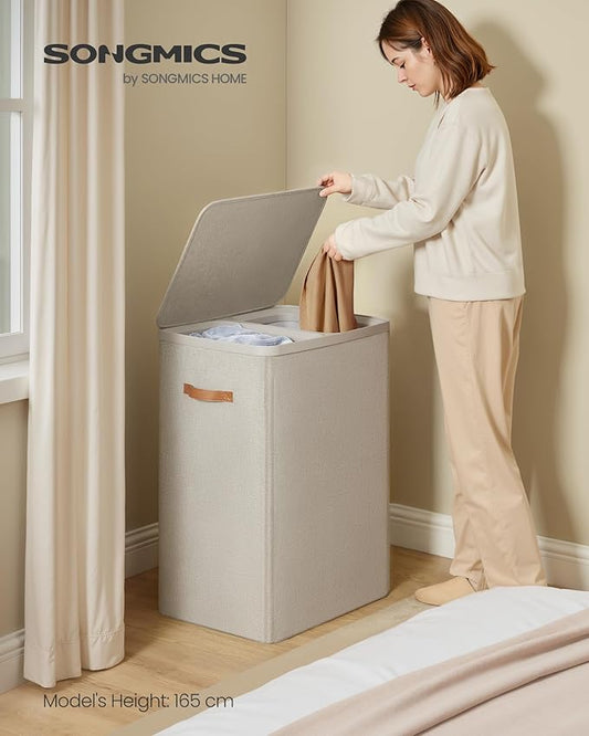 SONGMICS Laundry Basket, 44.9 Gal. Laundry Hamper, 2 Compartments, Easy Assembly, with Lid and Handles, Removable Liners, 22 x 15.7 x 29.5 Inches, Cappuccino Beige ULCB813L01
