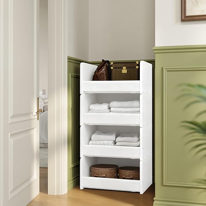 4-Tier Stackable Closet Organizer and Storage Stackable Shelves – Heavy-Duty Darwers Wood & Metal, Easy Assembly, Space-Saving Vertical Storage for Bedroom, Closet, Patent Design