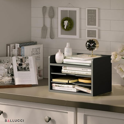 Ballucci File Organizer, 4-Tier Office Desk Organizer, Open Top Wood Paper Organizer for Classroom, Desktop Mail Sorter Paper Tray, Black