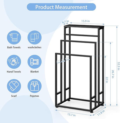 Freestanding Towel Rack 3 Tier Towel Drying Rack for Bathroom Small Standing Hand Towel Holder Black Towel Rack Stand with Storage Shelf for College Dorm Pool Side (Black)