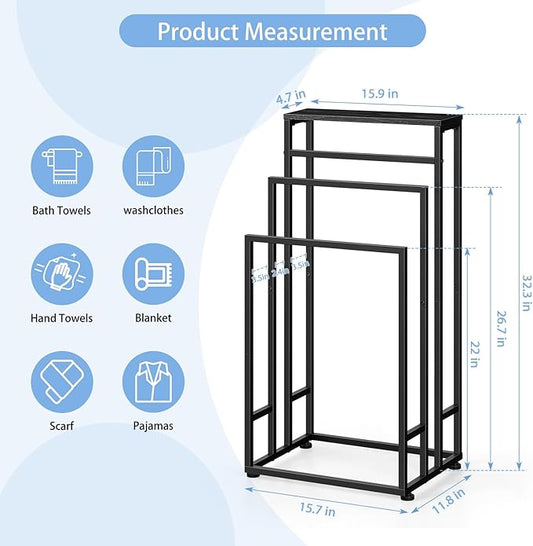 Freestanding Towel Rack 3 Tier Towel Drying Rack for Bathroom Small Standing Hand Towel Holder Black Towel Rack Stand with Storage Shelf for College Dorm Pool Side (Black)
