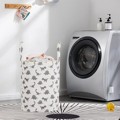 Large Storage Basket for Girls and Boys, Collapsible Laundry Hamper with Long Handles, Toy Bins for Nursery, Kids Room Décor (Grey Dinosaur)