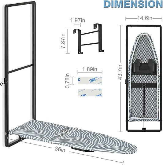 KINGBOARD Over Door Ironing Board, Hanging Ironing Board with Iron Holder, 36" X 12" Compact Fold Down Iron Board for Small Spaces, Removable Heat Resistant Cover, Blue