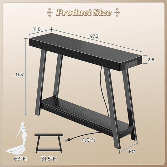 Huuger Console Table with Charging Station, USB-C Port, 2 Tiers Entryway Table, 47.2 Inch Sofa Table with Metal Legs, Entry Hallway Table with Thicker Desktop, Modern Behind Couch Table, Black