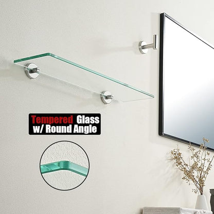 JQK Bathroom Glass Shelf, Tempered Glass Shower Storage 20 by 5 inches, 304 Stainless Steel Brushed Finish Wall Mount, 2 Pack, TGS101L20-BN-P2