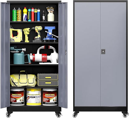 Metal Garage Cabinet with Wheels, Tall Storage Cabinet with 4 Adjustable Shelves and 2 Doors, Lockable Tool Cabinet for Garage Home Office,Gym,School (Black-Gray)