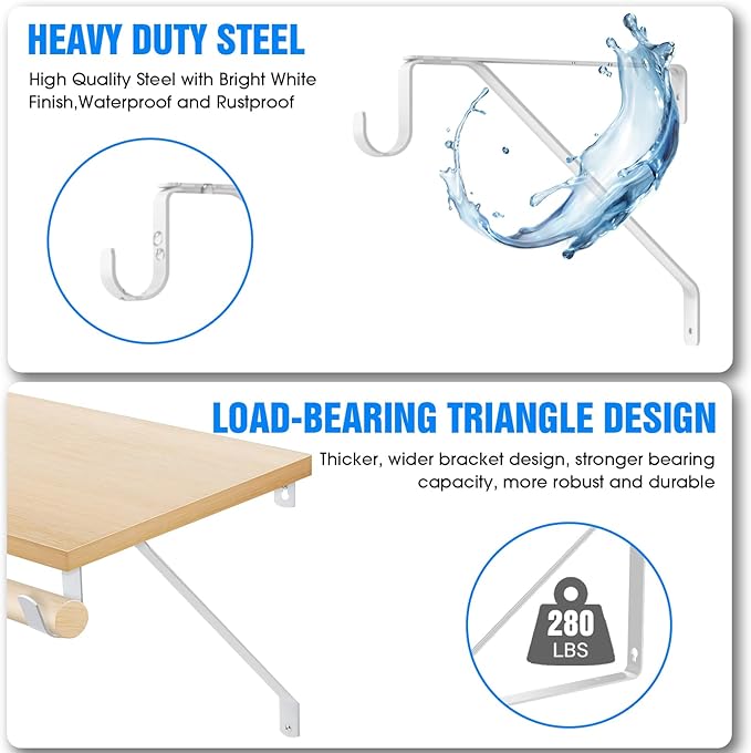 Pisman 10 Inch Heavy Duty Closet Rod Bracket Adjustable 4-Pack, Closet Rod Support with Shelf Bracket and Rod Holders - White Steel Clothes Hanger for Bedroom, Laundry Room Storage