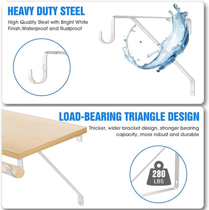 Pisman 10 Inch Heavy Duty Closet Rod Bracket Adjustable 4-Pack, Closet Rod Support with Shelf Bracket and Rod Holders - White Steel Clothes Hanger for Bedroom, Laundry Room Storage