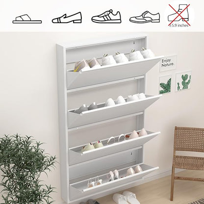 GREATMEET Metal Shoe Cabinet with 4 Flip Drawers, Wall Mount Shoe Organizer for Entryway, Narrow Shoe Storage Cabinet for Entryway Slim, Hidden Shoes Rack (White, 4 FILP Drawers)