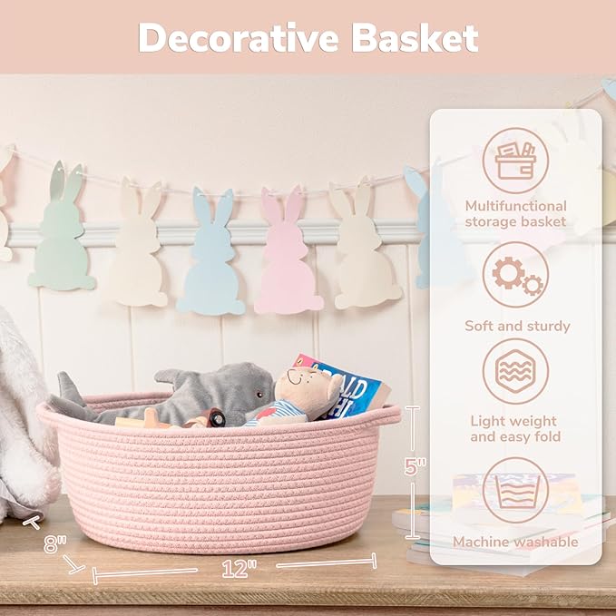 Goodpick Small Woven Basket for Gifting, Small Storage bins for Toys, Baby Gift Baskets for Nursery, Pink Rope Basket for Gifts, Decorative Baskets with Handles, 12" x 8" x 5"