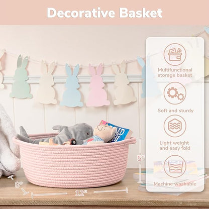Goodpick Small Woven Basket for Gifting, Small Storage bins for Toys, Baby Gift Baskets for Nursery, Pink Rope Basket for Gifts, Decorative Baskets with Handles, 12" x 8" x 5"