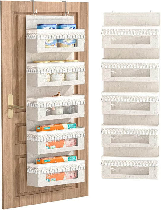 Aokeyee 5 Tier Over The Door Organizer Storage Nursery, Boho Door Organizer Hanging with Tassels and Clear Window, 65lb Behind The Door Storage for Baby Nursery, Bedroom, Bathroom, Laundry, Pantry