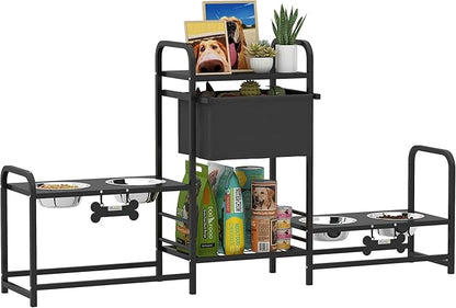 PawHut Dog Bowl Stand with 2 Feeding Stations, 3 Height Adjustable Elevated Dog Bowls with Toy Bin Basket, Lifted Food and Water Bowl, Pet Storage Organizer for Small, Medium, Large Dogs, Black