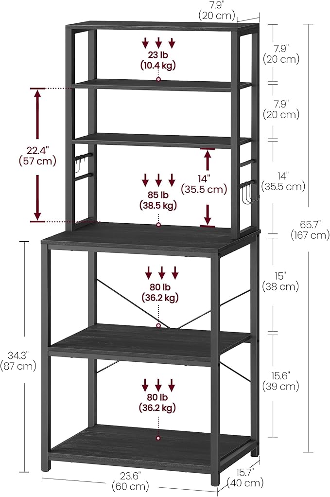 VASAGLE Coffee Bar, 23.6 Inches Baker's Rack for Kitchen with Storage, 6-Tier Kitchen Shelves with 6 Hooks, Microwave Stand, Industrial, Charcoal Gray and Ink Black UKKS024B22