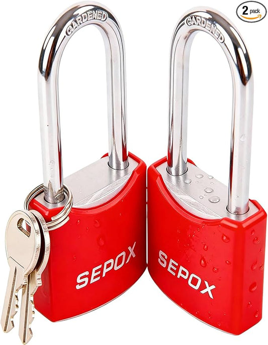 SEPOX® 1-9/16" All-Weather Outdoor Padlocks Keyed Alike, 1-5/8" Long Shackle, Solid Steel Lock, Heavy-Duty&Red Cover, Compact Design for Gate Fence Cabinet Toolbox School Gym Locker with 2pcs Same Key