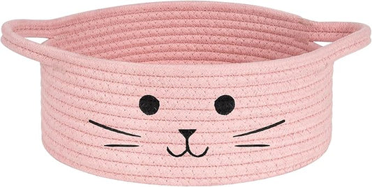 Small Rope Basket, Pink Cute Cat Toy Basket for Living Room, Gift Baskets Empty for Living Room, Decorative woven Baskets for Nursery, Baby Organizing & Towel Storage, 9.8 x 4 inches