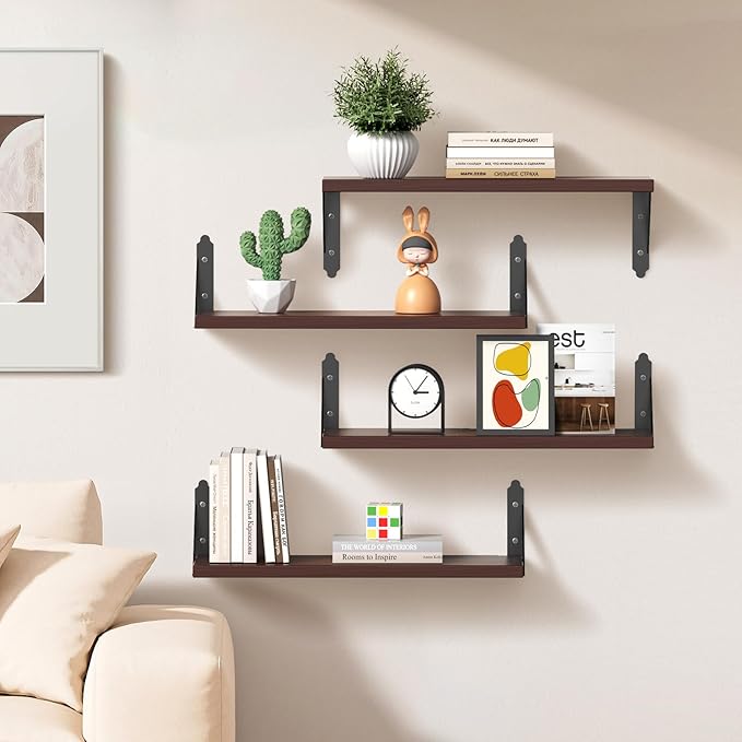Wood Floating Shelves Set of 4, Rustic Storage Decor Wall Shelves, Wall Mounted Shelf for Living Room, Bedroom 17" x 6", Brown