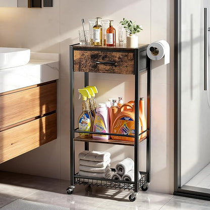 Lewondr Rolling Storage Cart with Drawers, 3-Tier Laundry Room Shelves, Sturdy Bathroom Organizer Shelf with Wood Top, Rolling Drawer Cart with Handle and Wheels for Kitchen, Office, Classroom, Black