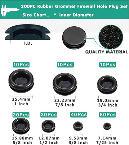Rubber Grommet Kit 200 Pack - 7 Sizes Firewall Rubber Hole Plugs - Automotive, Home Improvement Cord Pipe Wire Organization