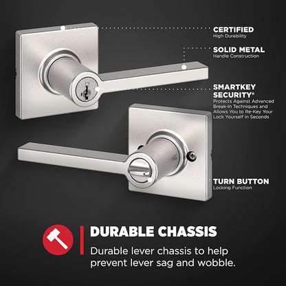 Kwikset Casey Entry Door Handle with Lock and Key, Secure Keyed Reversible Lever Exterior, for Front Entrance and Bedrooms, Satin Nickel, 4 Pack, Pick Resistant SmartKey Rekey Security and Microban