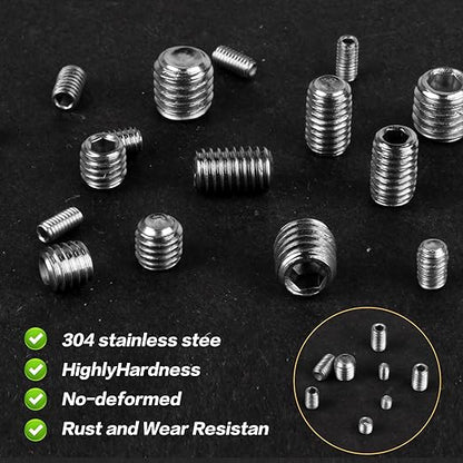 360 Pcs Allen Head Screws - Hex Socket Head, Grub Screw Set - M2.5/M3/M4/M5/M6/M8 Metric Stainless Steel Internal Hex Drive Cup-Point Screws Assortment Kit for Door Handles, Light Fixture