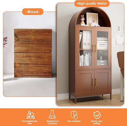 Metal Arched Bookcase Cabinet with 4 Doors,Arched Kitchen Pantry Cabinet for Home Office Living Room,Required Assembly,Brown