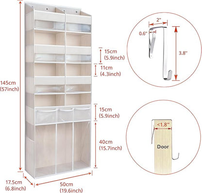Extra Large Over The Door Organizer with Clear Pockets - 8 Compartments & XL Bottom Storage, Heavy-Duty Hanging Organizer for Bathroom, Bedroom, Closet (57 Inch Height).