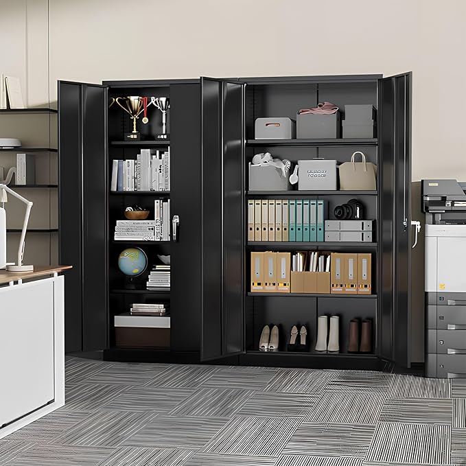 Metal Garage Storage Cabinet, 72” Lockable File Cabinets with 2 Doors and 4 Adjustable Shelves, Steel Tool Cabinets with Lock for Office, Home, Gym, Black