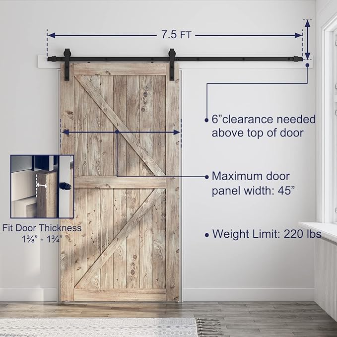 SMARTSTANDARD 7.5FT Barn Door Hardware Kit, Sliding Barn Door Track -Smoothly and Quietly -Easy to Install -Includes Step-by-Step Installation Instruction Fit 42“-45" Wide Door Panel (J Shape Hanger)