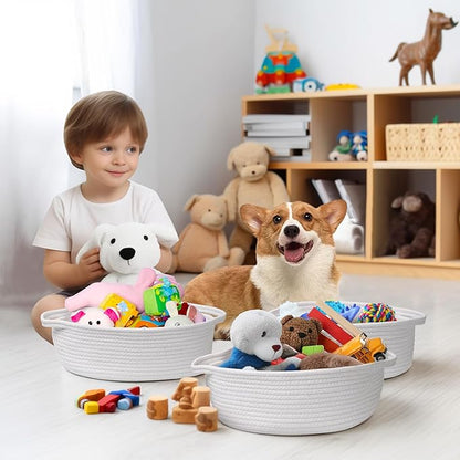 Small Baskets for Gifts Empty, 13"x 9"x 5" Woven Gift Basket with Bag and Ribbon, Cotton Rope Kids Dog Cat Toy Bin Box, Cute Baby Nursery Organizer, Decorative Storage with Handles (White)
