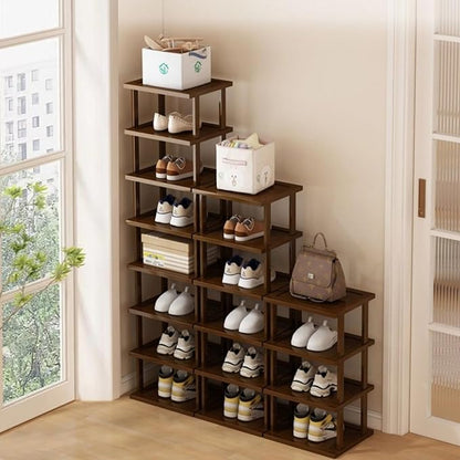 Vertical Shoe Rack - Tall Narrow Shoe Rack Organizer for Small Spaces,7 Tier Bamboo Shoen Shelf for Entryway,Closet,Corner,Doorway,Skinny Shoe Shelf Space Saving Shoe Storage,Free Stackable DIY…