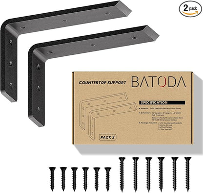 BATODA 10” Countertop Support Steel Brackets (2 PCS) for Large Granite - Heavy Duty L Floating Shelf Bracket - Black Metal Wall Mounted Support for Wood Shelving
