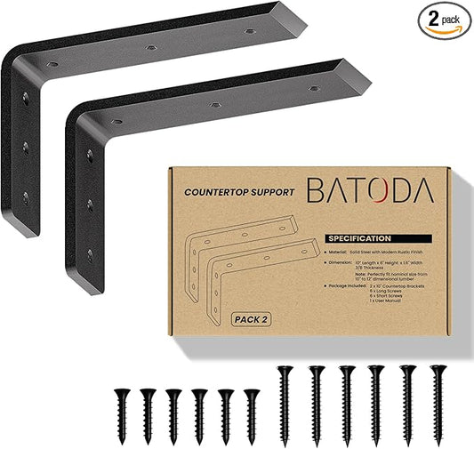 BATODA 10” Countertop Support Steel Brackets (2 PCS) for Large Granite - Heavy Duty L Floating Shelf Bracket - Black Metal Wall Mounted Support for Wood Shelving