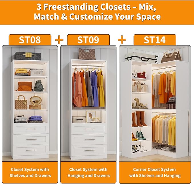 Closet System with 3 Sets, 6.5-16FT Corner Closet Organizer System with 6 Drawers & 11 Shelves & 6 Hanging Rods, Custom L-Shaped Modular Walk-in Closet Organizers and Storage System Corner, White