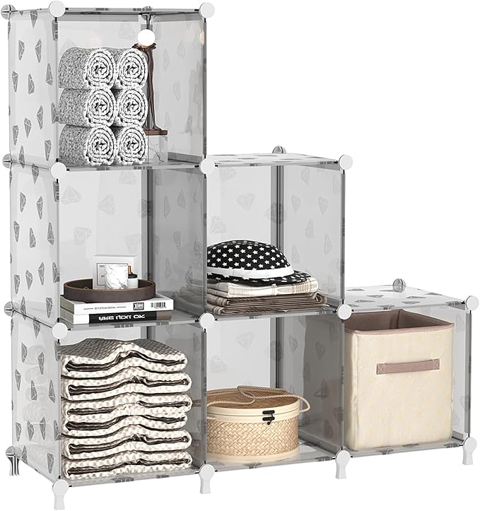 UNKU Cube Storage Organizer, 6 Cube Closet Organizer Storage Shelves, DIY Stackable Bookcase, Clothes Organizer Shelf for Closet, Bedroom, Living Room, Cabinet, Home, Office, Translucent