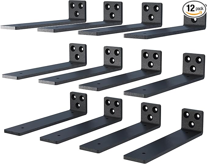 12 Inch Floating Shelf Brackets, Heavy Duty Hidden Bracket for Wall, Mantel, Bookshelves, Black Powder Coated Steel, 12-Pack