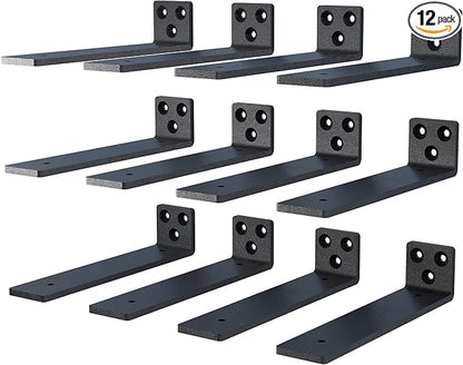 12 Inch Floating Shelf Brackets, Heavy Duty Hidden Bracket for Wall, Mantel, Bookshelves, Black Powder Coated Steel, 12-Pack
