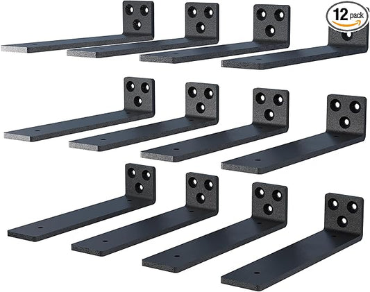 4 Inch Floating Shelf Brackets, Heavy Duty Hidden Bracket for Wall, Mantel, Bookshelves, Black Powder Coated Steel, 12-Pack