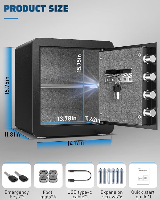 kavey 1.7 Cub Safe Box, Home Safe with Digital Keypad and Dual Alarm System, Money Safes box With Mute Function and LED Light, Safes with Removable Shelf, Safes for Money Valuables
