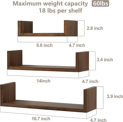 SRIWATANA Floating Shelves Wall Mounted, Solid Wood Wall Shelves Set of 3, Dark Brown…