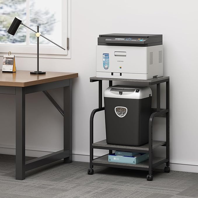 Printer Stand with Height Adjustable Storage Shelf, 3 Tier Mobile Printer Table with Wheels, Rolling Printer Cart for Home Office Organization, Gray