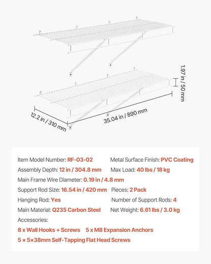 VEVOR Wire Shelf Kit, 3 ft, Set of 2, Wall Mounted Wire Shelves, Heavy-Duty Carbon Steel Hanging Shelf, Floating Wall Storage Shelves with Dip Coating, for Closet, Bedroom, Living Room, Office, Pantry