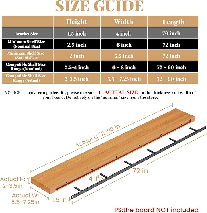 1 Pack Large Shelf Brackets Long Floating Shelf Bracket Invisible Floating Shelf Hardware Heavy Duty Floating Mantel Brackets(70"X4"X1.5")