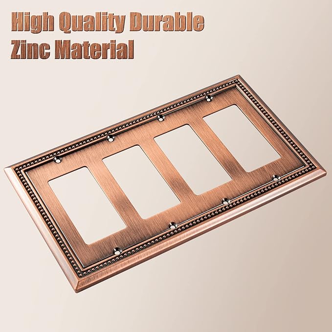 Henne Bery Sunken Pearls Heavy Duty Decorative Wall Plate Switch Plate Outlet Cover (Quad Decorator, Antique Copper)