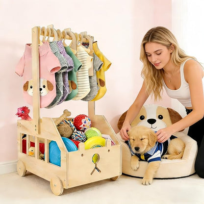 22" x14"x10" Wooden Pet Wardrobe Closet with 10 Hangers, 5 Split Labels & 1 Pen, Easy Assembly Crate for Dog/Cat Closet, Dog Closet Organizer for Toys Clothes and Accessories