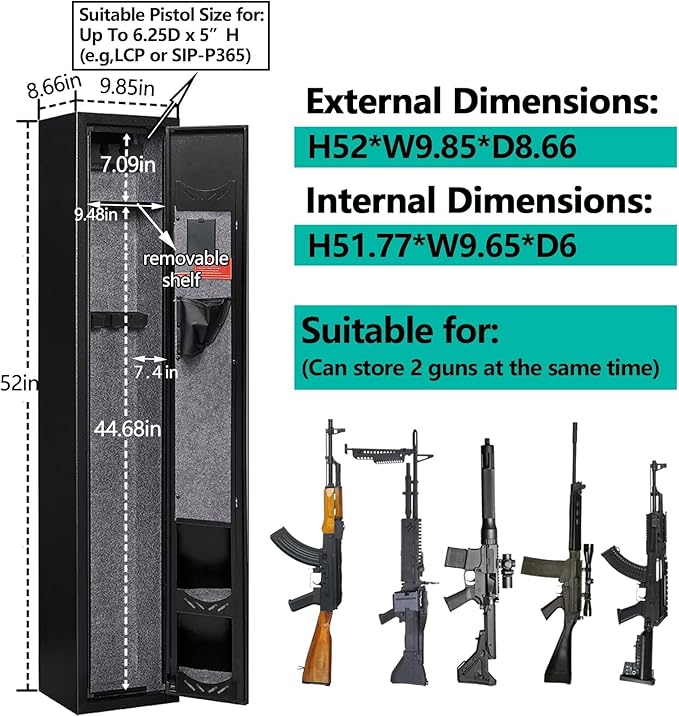 KAER 2-3 Gun Safe,Rifle Safe,Gun Safe for Rifles and Pistols,Gun Cabinet for Shotguns,Long Gun Cabinet for Shotguns with Removable Storage Shelf,LED Light,Quick Access Rifle Safes,Adjustable Shelves